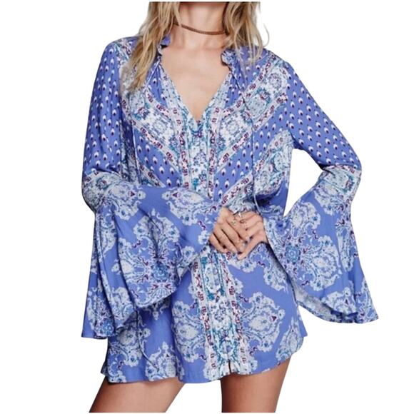 Free People Tops - FREE PEOPLE Women’s Magic Mystery Bell Cuff Tunic Blue Multi Small